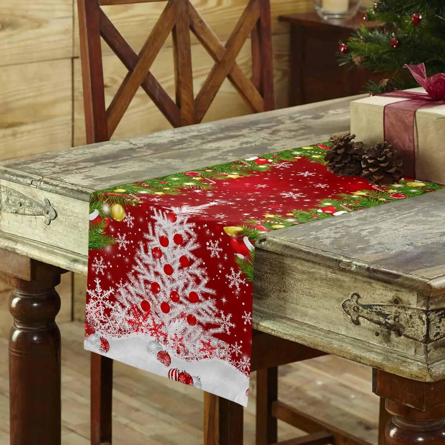 Christmas Tree Snowflake Ball Linen Table Runner Dining Tabe Decor Winter Xmas Table Runners Dresser Scarf Christmas Decorations