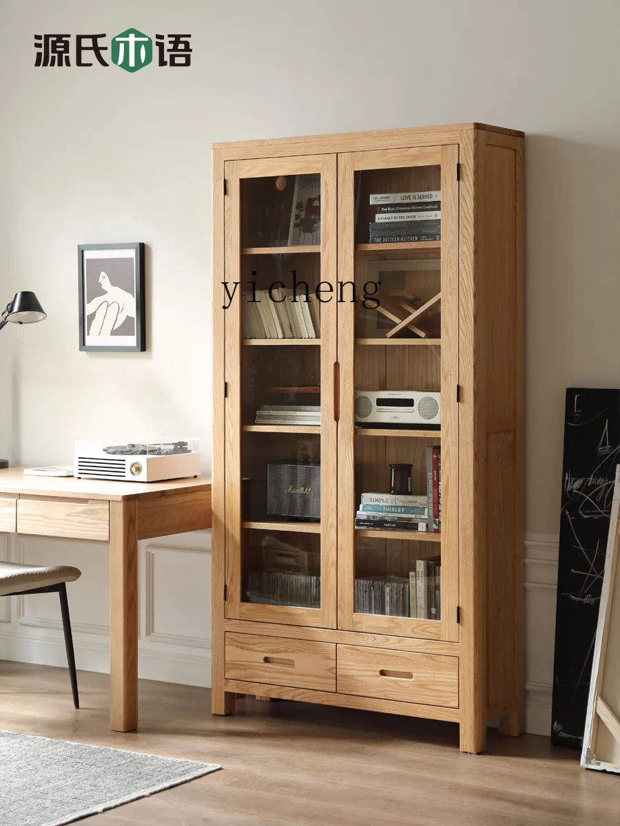 ZF Solid Wood Bookcase Simple Bookshelf with Glass Door Combination Shelf Display Cabinet