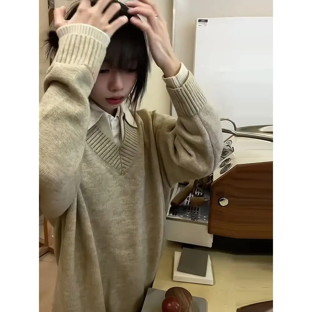 

Мужской трикотаж в американском стиле ретро с V-Ne, зимняя верхняя одежда с отложным воротником Lazy Sle, свободная посадка из полиэстера, длинный цвет све