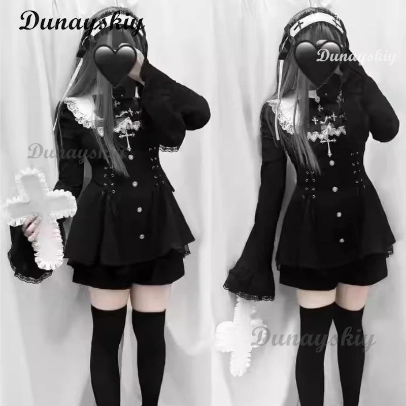 

Jirai Kei Fashion Gothic Vintage Hot Girl Patchwork Dress Lolita Y2k Skinny Design Evening Party Dress Female Lace Chic Outfits