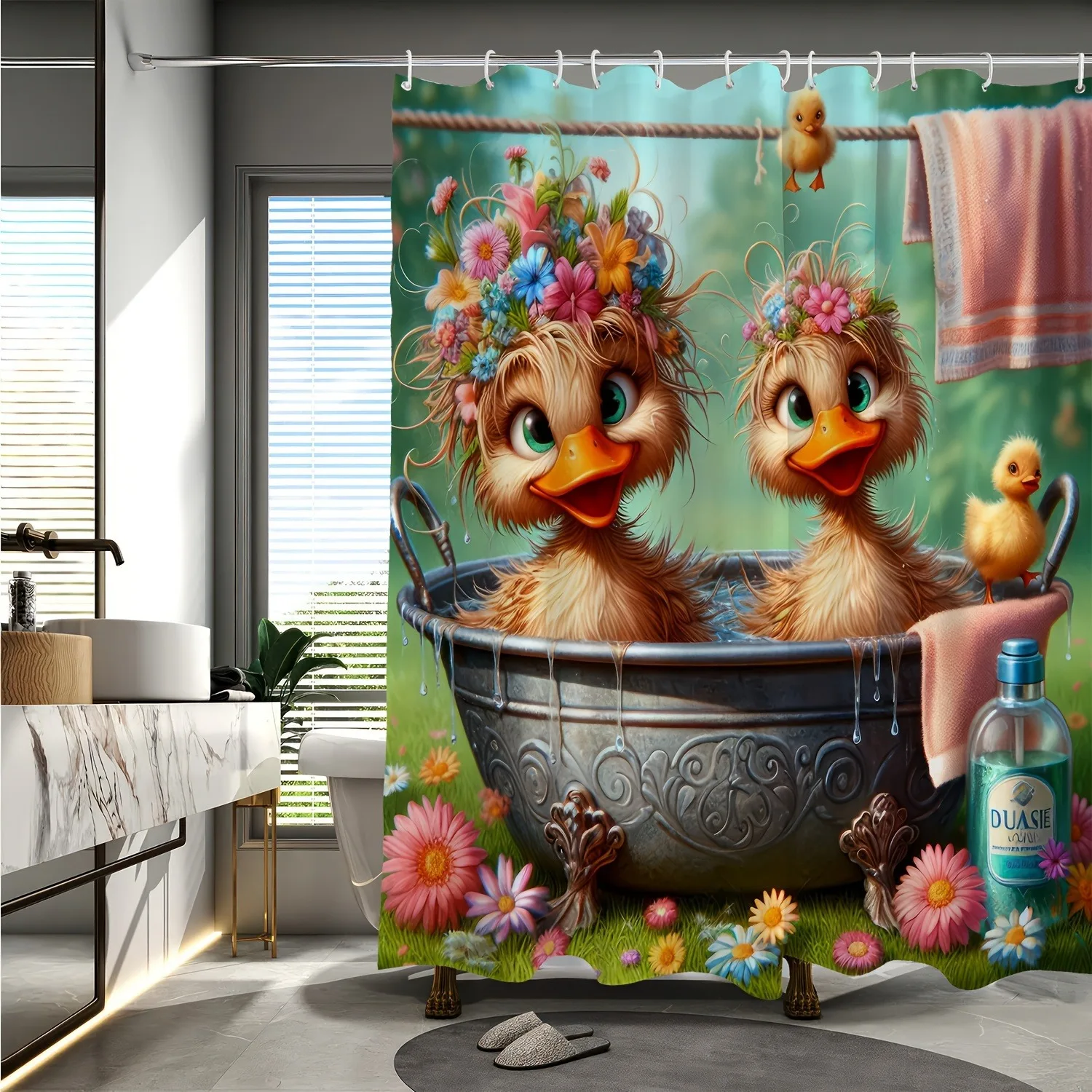 Cartoon duck taking a bath Shower Curtain Washable Dirt-Resistant Shower Head waterproof Polyester Bath Curtain For Home Decor