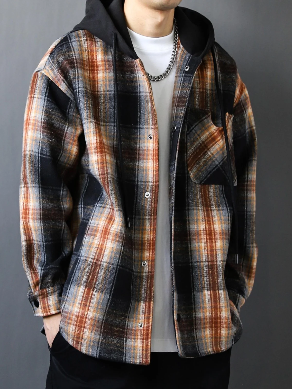 

Мужская молодежная модная ветрозащитная куртка с длинными рукавами, осенняя коллекция 2024, в клетку, свободного кроя, для пар