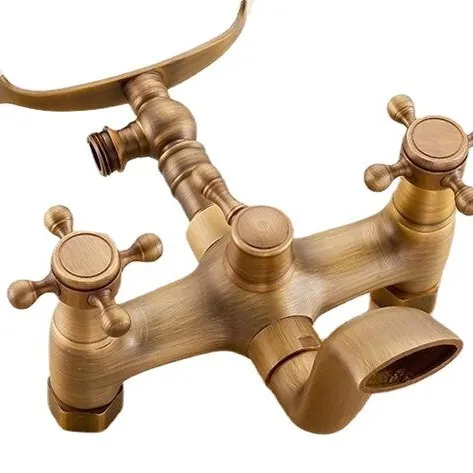 

Brass antique bathtub faucet set, twist base, wall double handle phone shower set, bath.