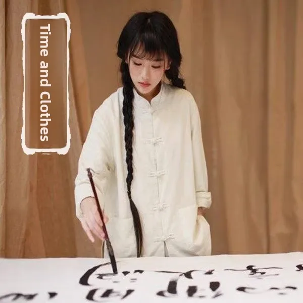 레트로 순색 롱 셔츠 버튼 달린 태극복 스타일 면 린넨 슬림핏 여성 비즈니스 캐주얼 셔츠