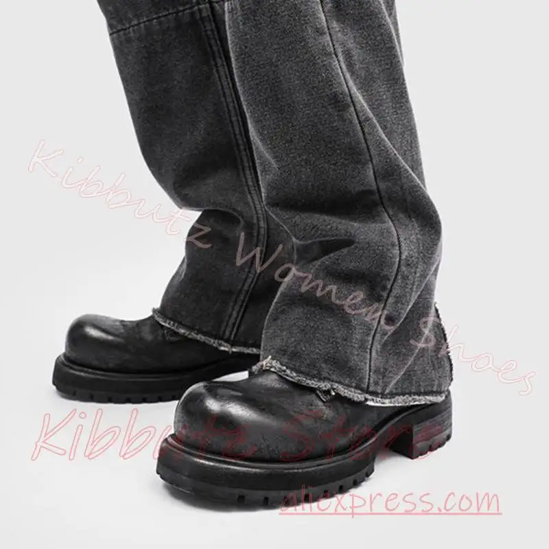Combat Ankle Boots Platform Chunky Sole Strap Buckle Flap Fold Over Leather Side Zip Workwear Footwear Leather Solid Color New