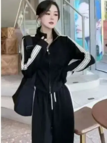 Fashionable Sportswear Set Women's Stand Collar Sweatshirt Meat Concealing Two Piece Set Spring Autumn Anti Aging Korean Style