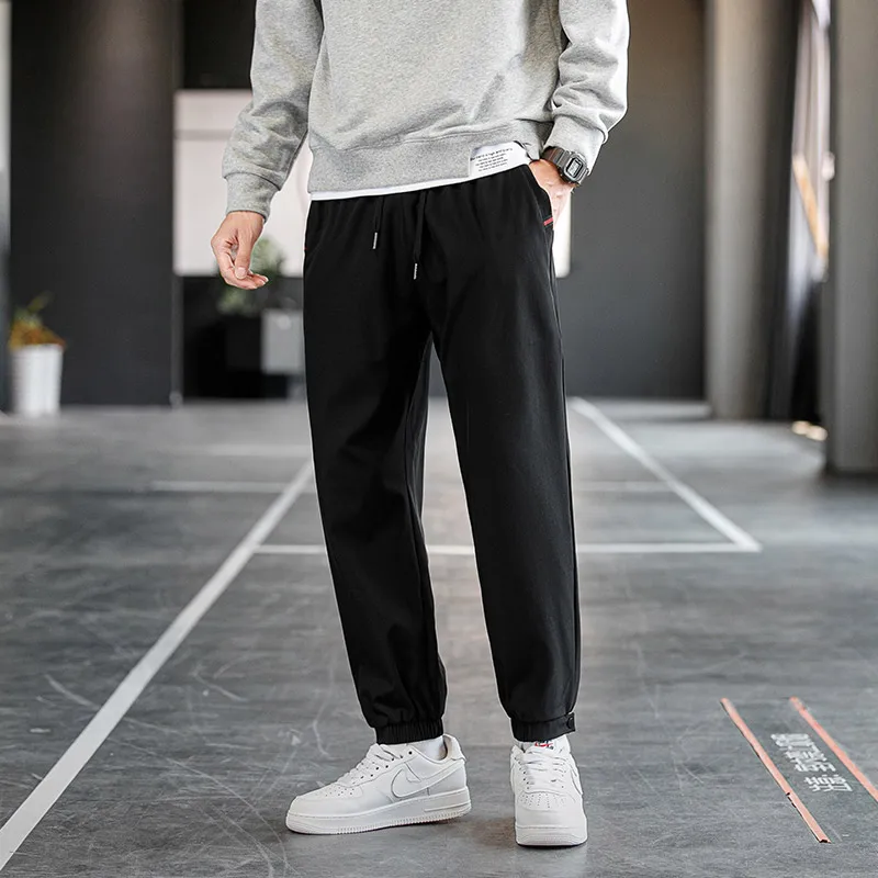 Plus Size Trousers Men\'s 2024 New M-8XL Ice Silk Pants Drawstring Feet Leisure Sports Running Fitness Harajuku Trousers