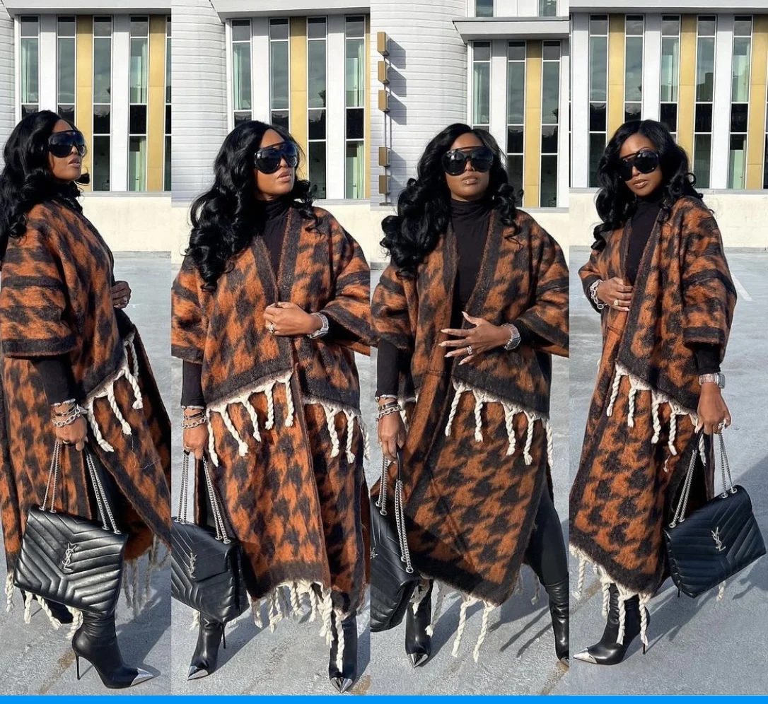 Popular Style African Rich Women Winter Tartan Plaid OPen Front Long Kimonos Amy Green+ Pink  Blogger Fuzzy Long Cardigans