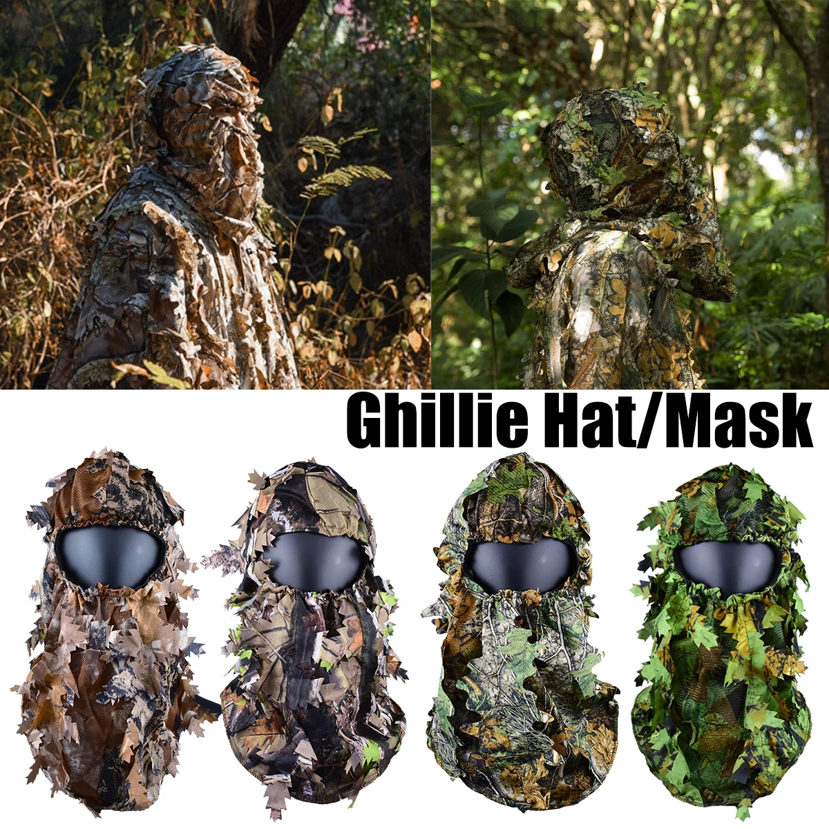 NUOVO Ghillie Camouflage 3D Maschera a pieno facciale Foglie d'acero Bionic Jungle Copricapo Berretto tattico Turchia Camo Hunter Accessori per la caccia