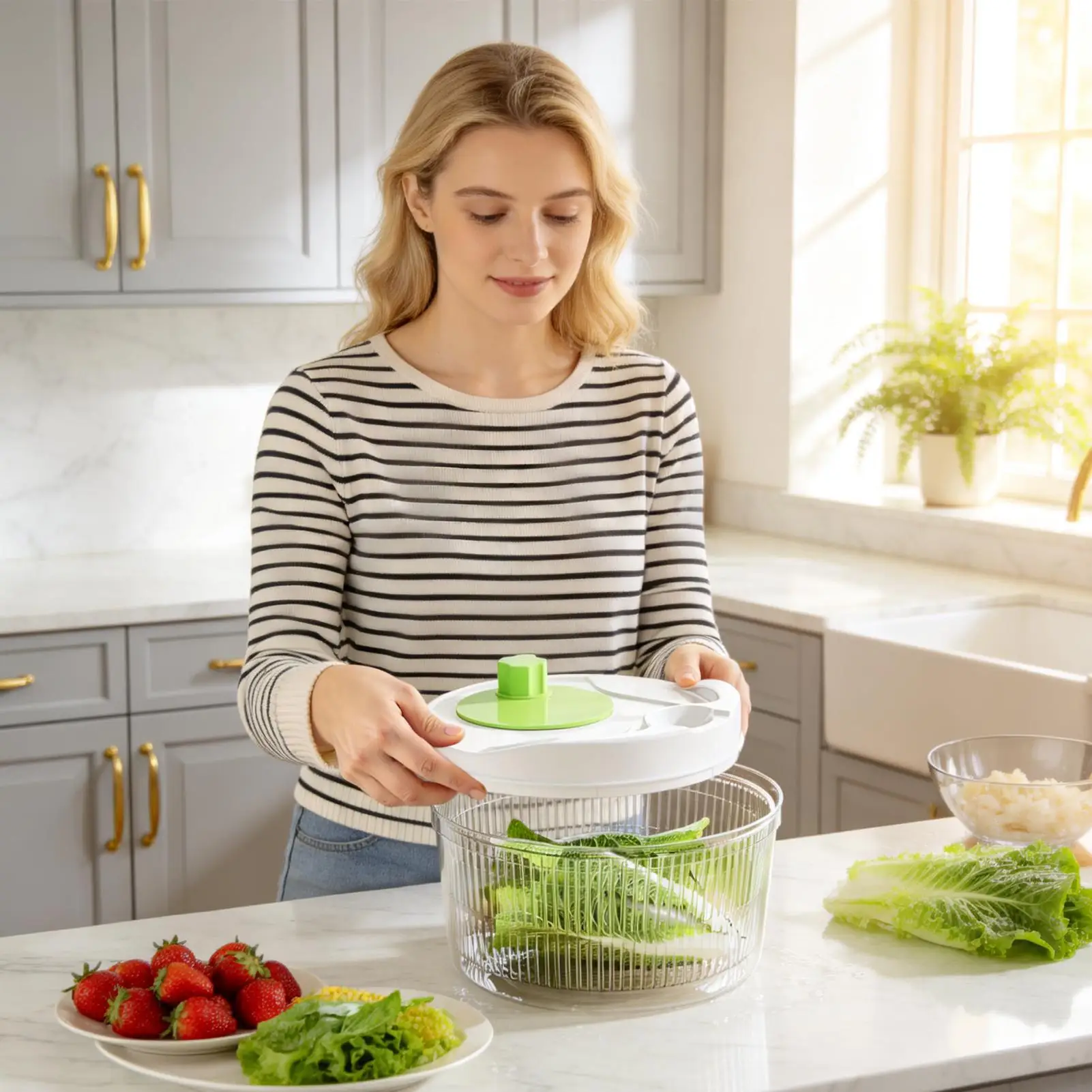 10-Second Salad Spinner Lettuce Greens Washer Dryer Drainer Crisper Strainer for Washing Drying Leafy Vegetables Kitchen Tools
