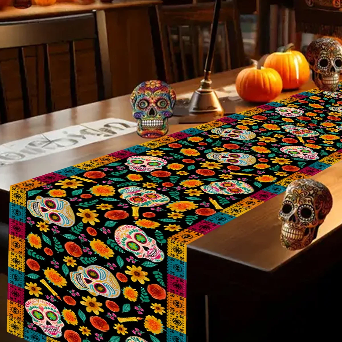 Mexican Day of The Dead Linen Table Runners Mexico Dia De Los Muertos Sugar Skull Table Runner for Home Party Dining Table Decor