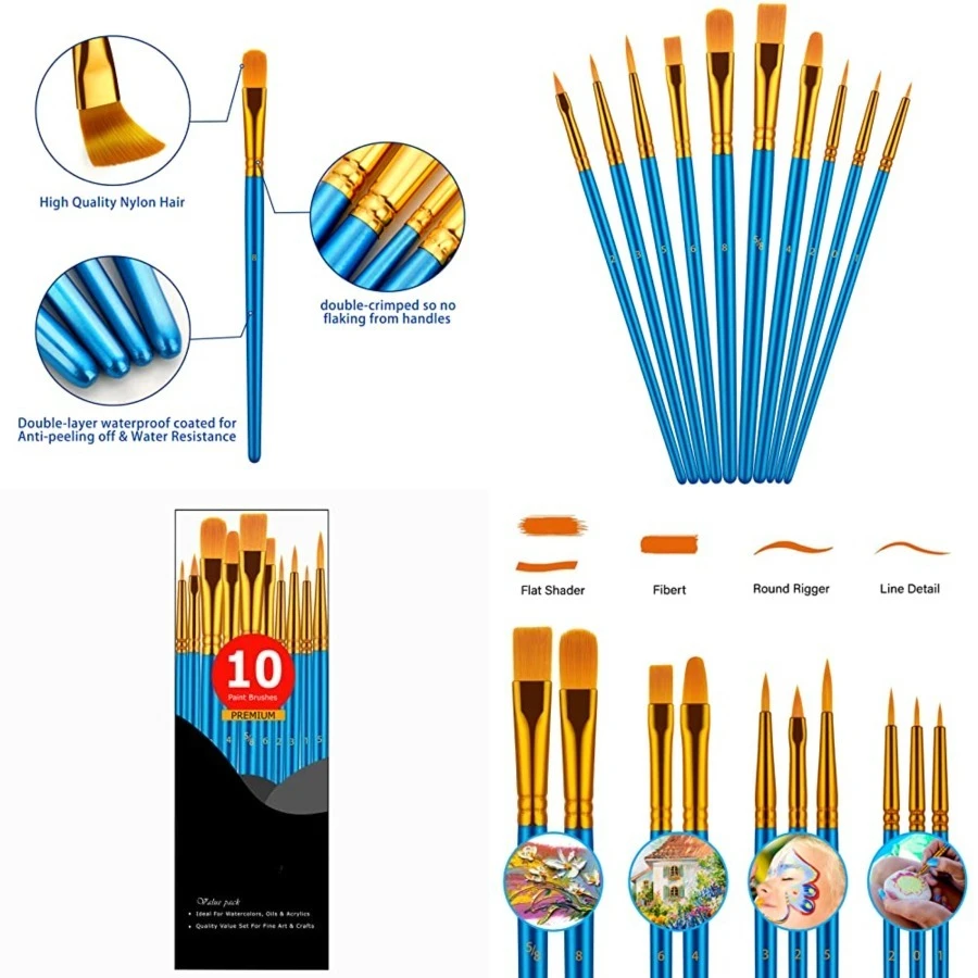 Paint Brush Set, 10 Pcs Paint Brushes for Acrylic Painting, Round Pointed Tip Detail Small Paint Brush for Oil Watercolor Canvas Face Body Boards Rock, Adult Drawing Arts Crafts Supplies, Blue
