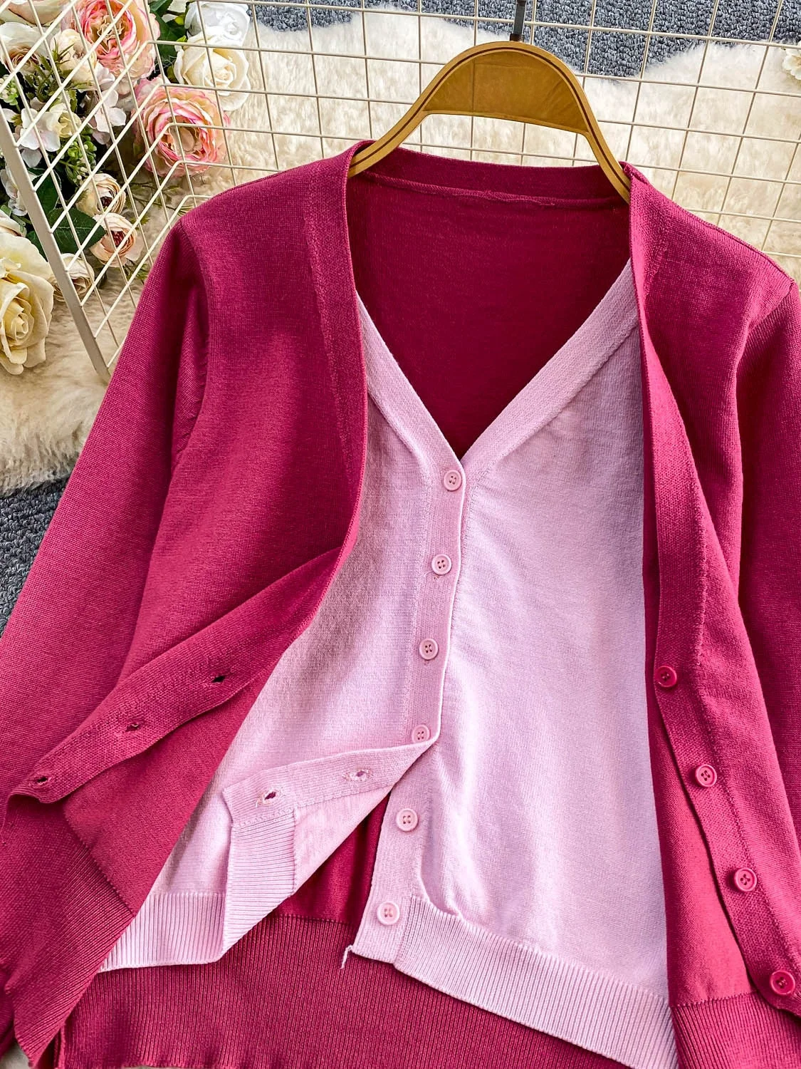 

2025 New Sle Casual V-Ne Knitted Sweater Women's Loose Fit Button-Up Slimming Top Fake Two-Piece Long Sve Cardigan