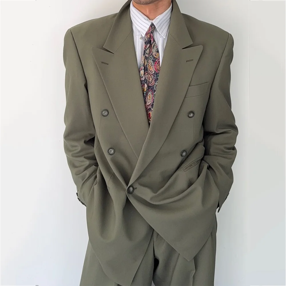 Loose Casual Men's Suit Oversized Double Breasted 2 Pieces Peak Lapel Blazer Pants Daily Office Party Fashion Streetwear