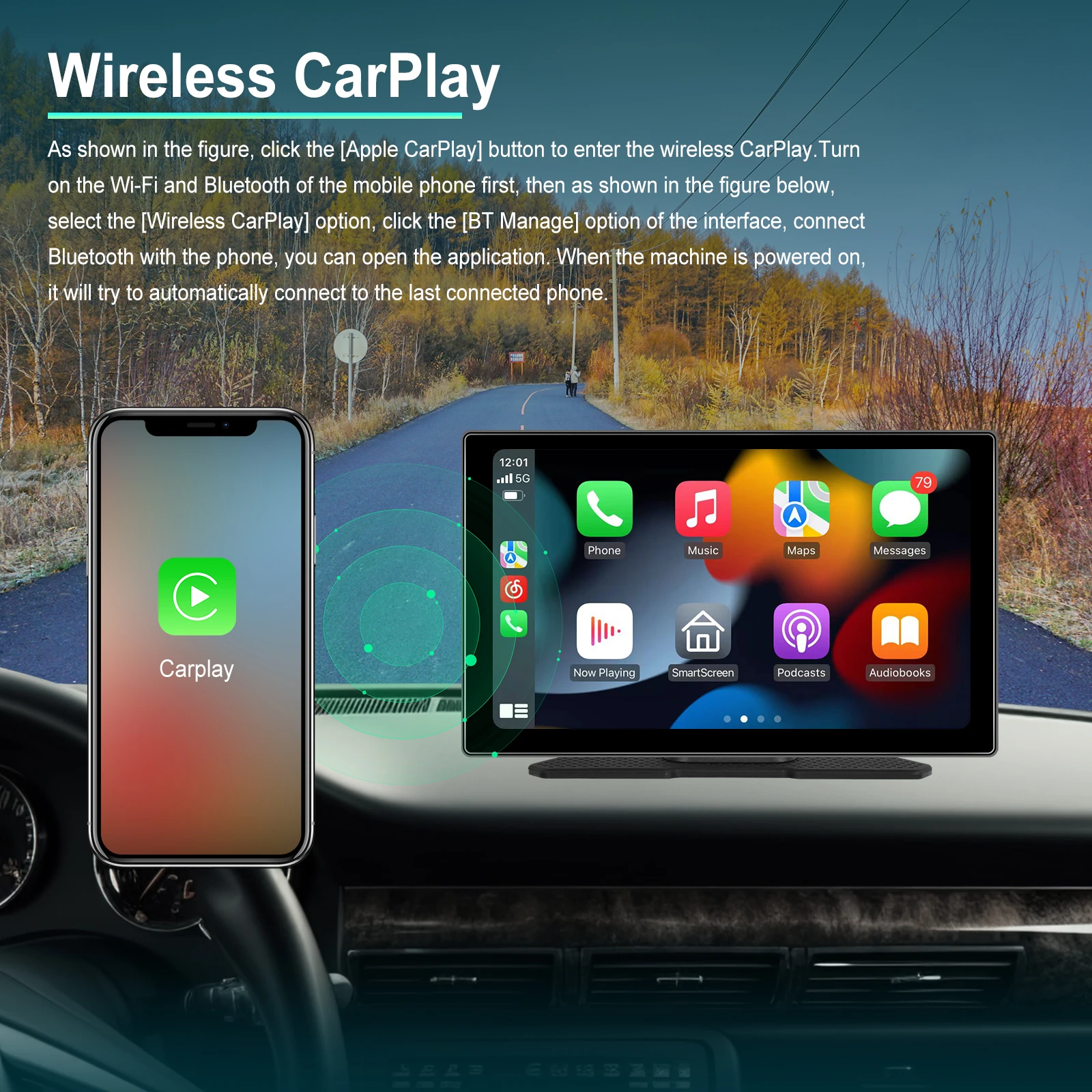 Podofo 9'' Car Radio Carplay Automotive Multimedia Android Auto Airplay GPS Mirror Cast Bluetooth Support Rear Camera AI Voice