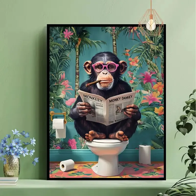 Fun Gorilla Reading Newspaper Canvas Wall Art on Toilet, Poster Printing, for Living Room, Bathroom, Hotel Home Decoration