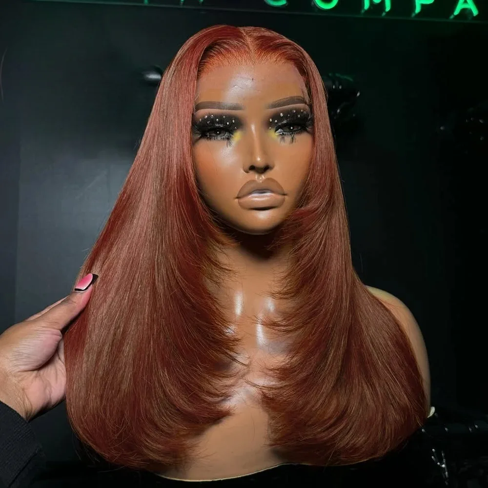 Ginger Copper Layered Straight Synthetic Wig 13x4 HD Invisible Lace Front Preplucked Baby Hair Heat Resistant  Trendy Hairstyle