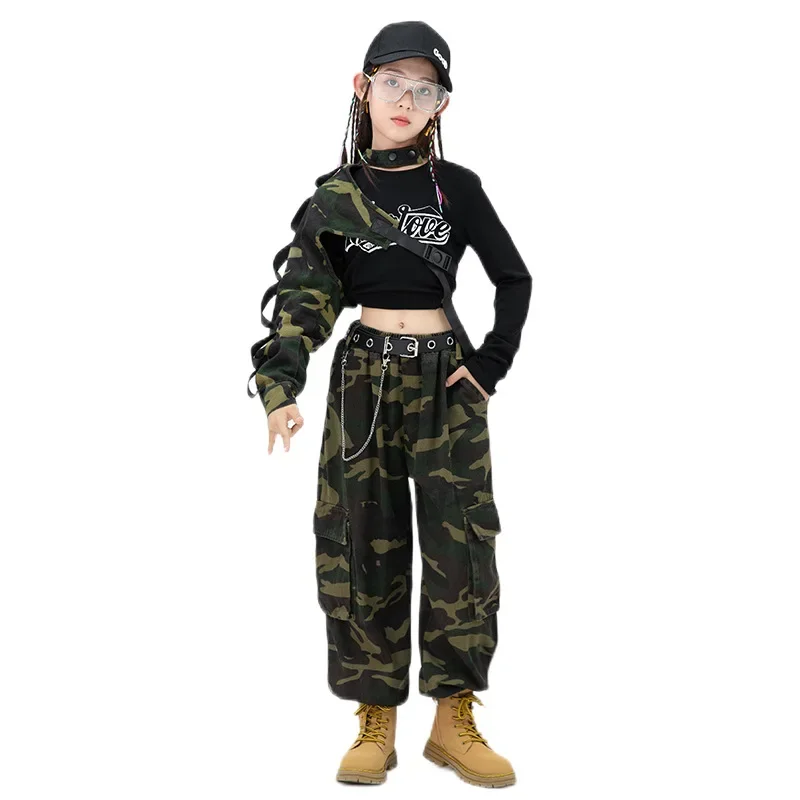 Girls Hip Hop Crop Top Camouflage Cargo Pants Clothes Sets Child Military Streetwear Street Dance Joggers Kids Jazz Cool Costume