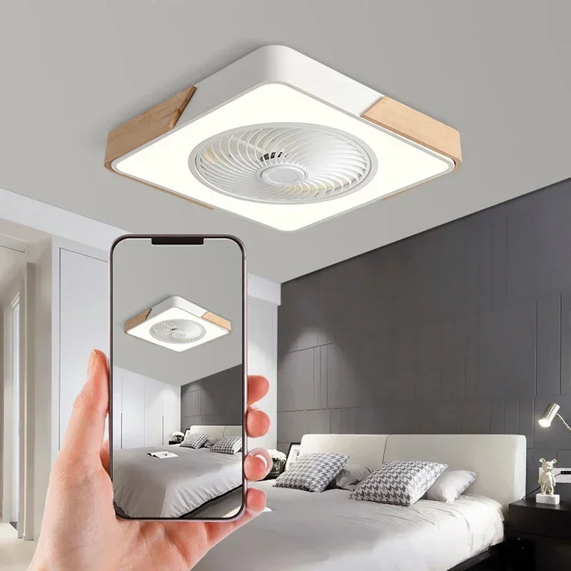 

Nordic minimalist ceiling fan with light wooden remote control frequency conversion home decoration bedroom LED fan lighting