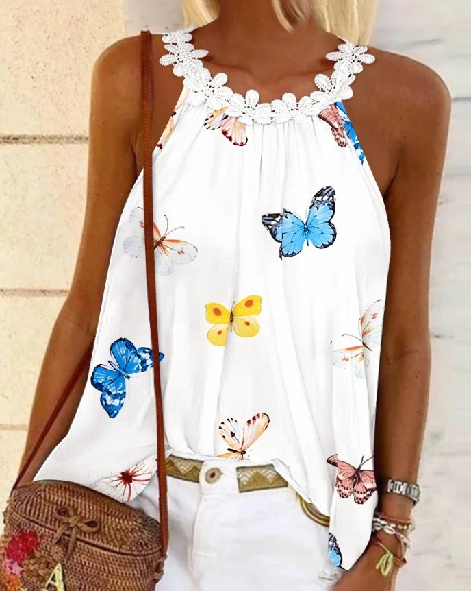 

Women Fashion Butterfly Print Guipure Lace Patch Tank Top Sexy Elegant Vest New 2024 Summer Women's Casual Sleeveless Tops