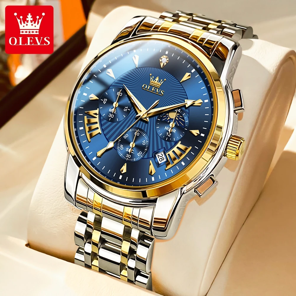 

OLEVS Men's Watches Top Brand Multifunctional Chronograph Wristwatch Original Quartz Watch for Man Waterproof Luminous Date Moon