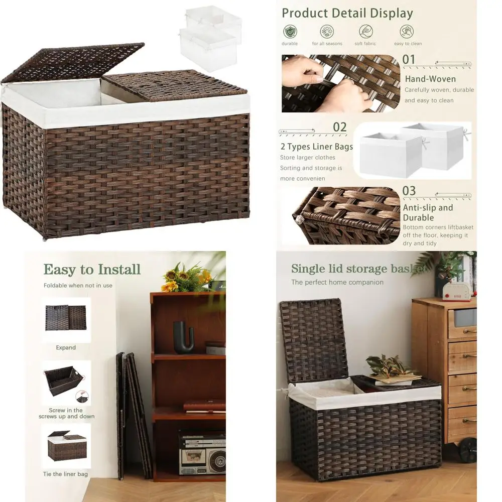 

Корзина для хранения из ротанга с крышкой из 2 частей, вместимость 105 л, 25,2x15,4x16,1, коричневая