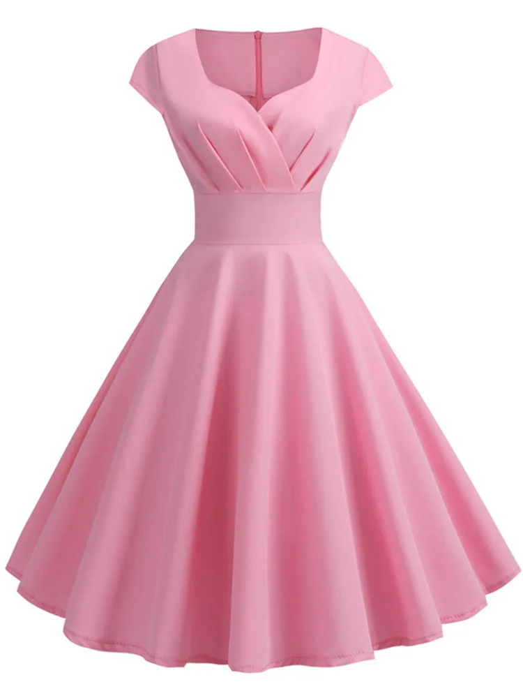 Różowa letnia sukienka damska V Neck Vintage szata eleganckie Retro pin up Party biurowe sukienki Midi