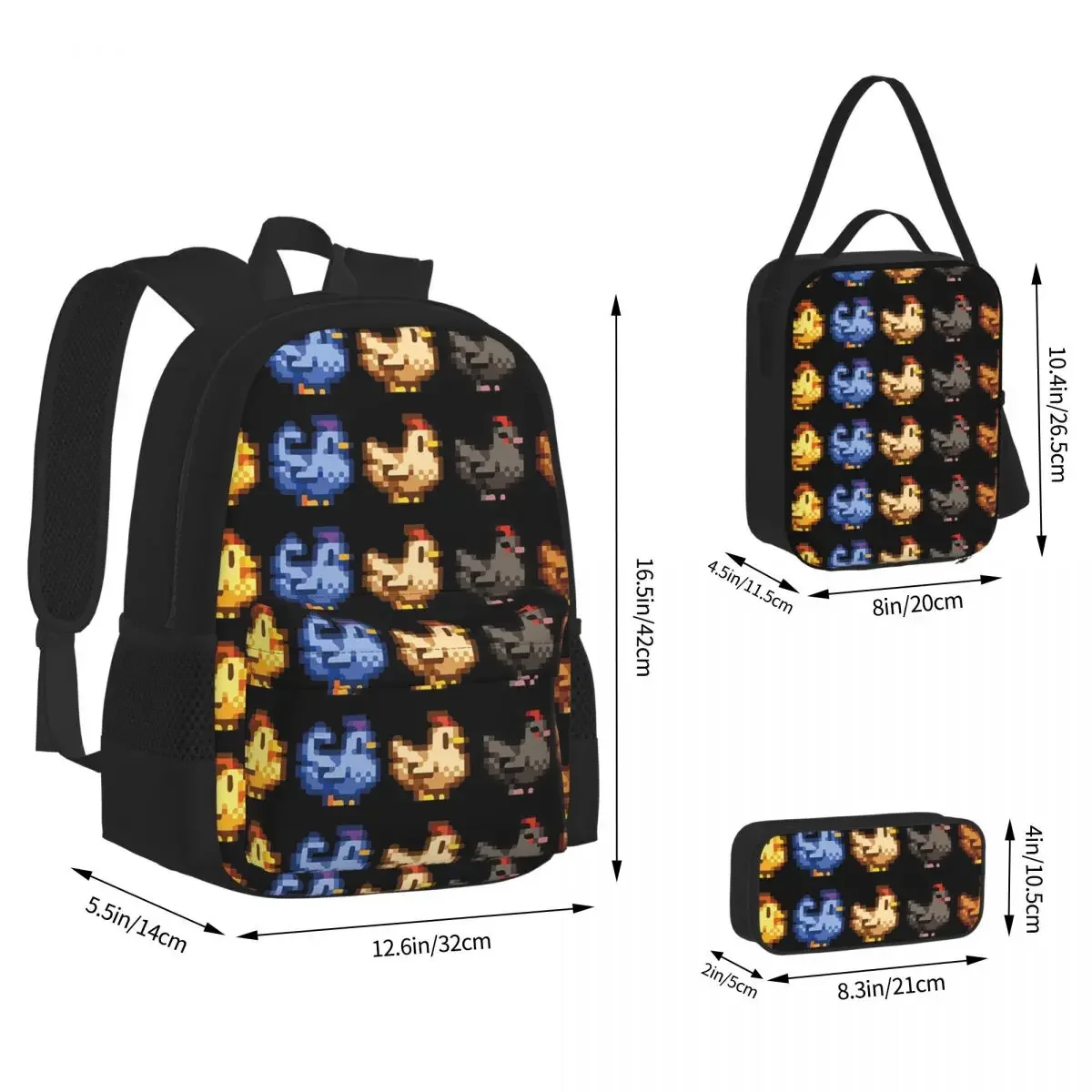 Stardew Valley mochilas de pollos para niños y niñas, mochilas escolares de dibujos animados, bolsa de almuerzo, bolsa para bolígrafos, juego de tres piezas