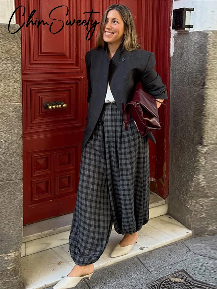 カジュアルチェック柄プリントパンツ女性エレガントなプリーツチェック柄弾性ウエストズボン女性 2026 春夏シックな婦人服