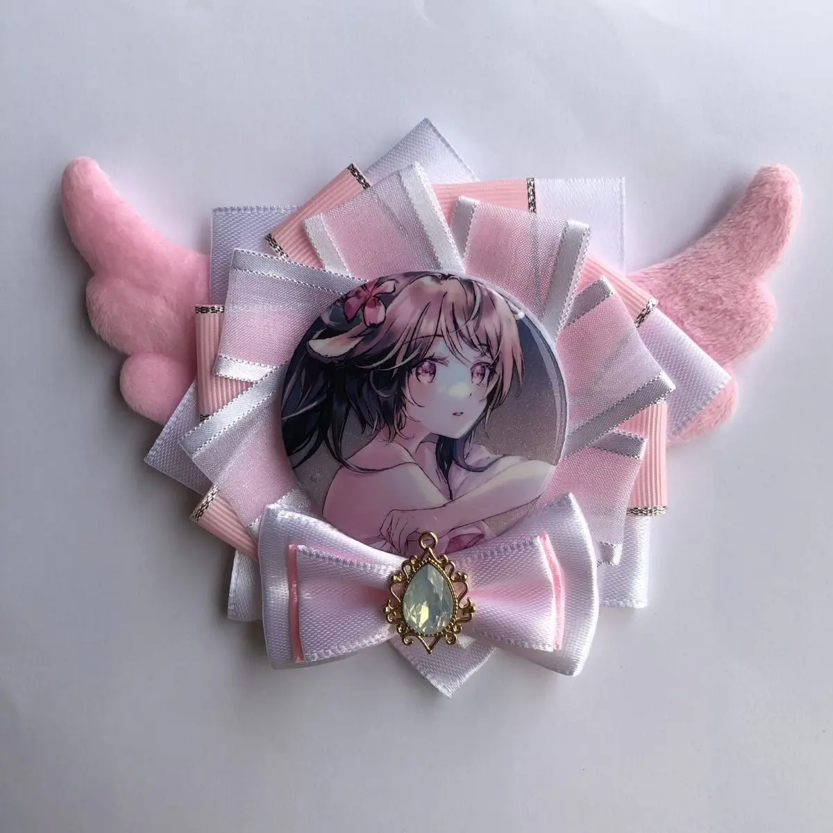 cute Plush Wings Badge Rosette，pink Ribbon Badge Holder，Ita bags bowknot Accessories，Japanese Anime cosplay Decoration