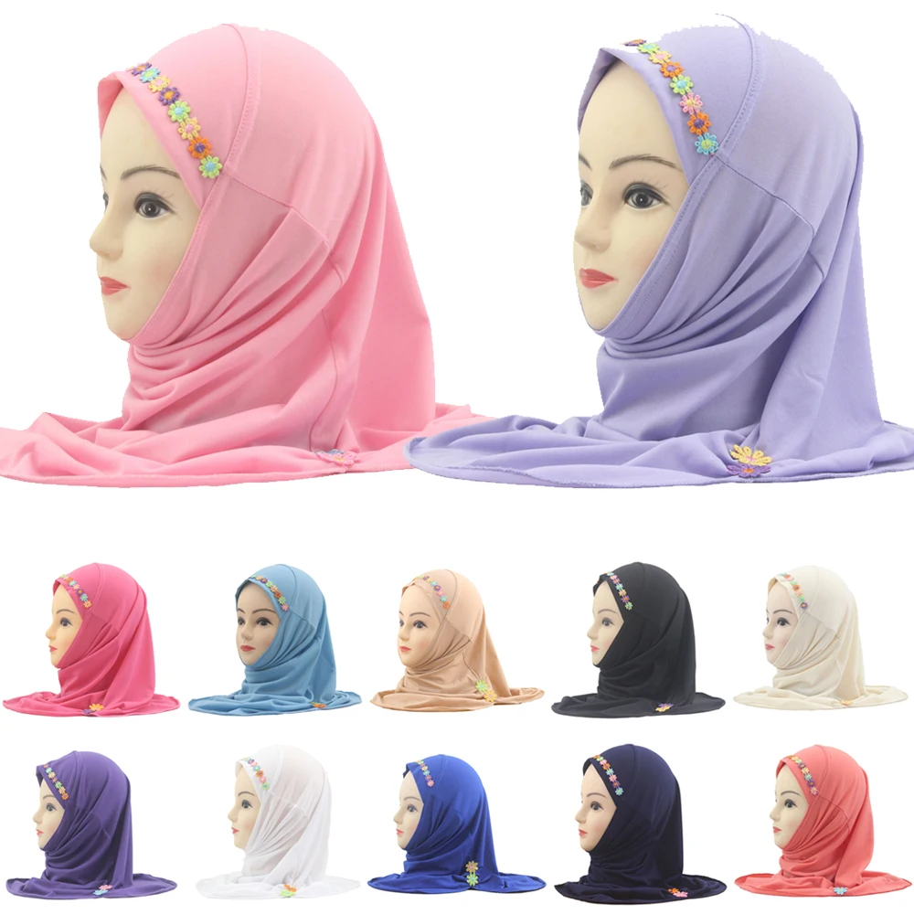 

Small Flower Hijabs for 2-6 Years Old Kids Girls Muslim Scarf Instant Turban Hat Head Wrap One Piece Amira Headscarf Cap 50*47CM