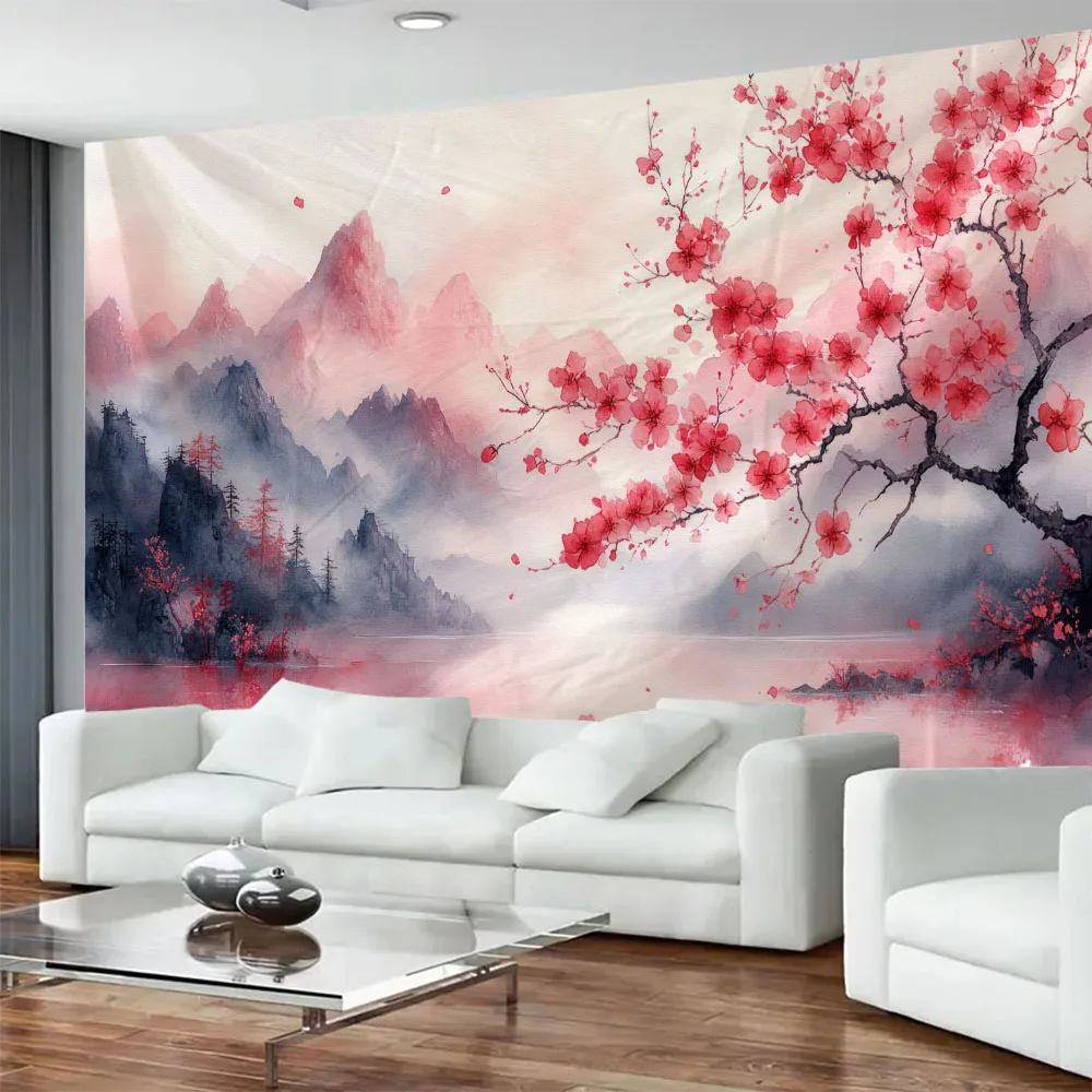 Cherry Blossom Landscape Tapestry Dreamy Oil Painting Wall Hanging Decorative Art for Living Rooms