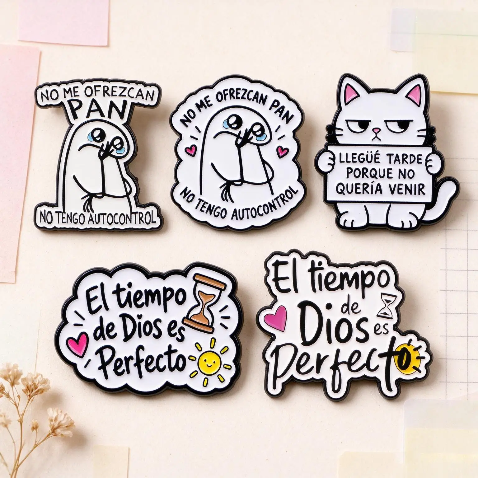 5pcs Spanish Quote Enamel Pins Funny Cartoon Lapel Brooch El Tiempo de Dios es Perfecto Metal Badge Backpack Clothing Humor Gift
