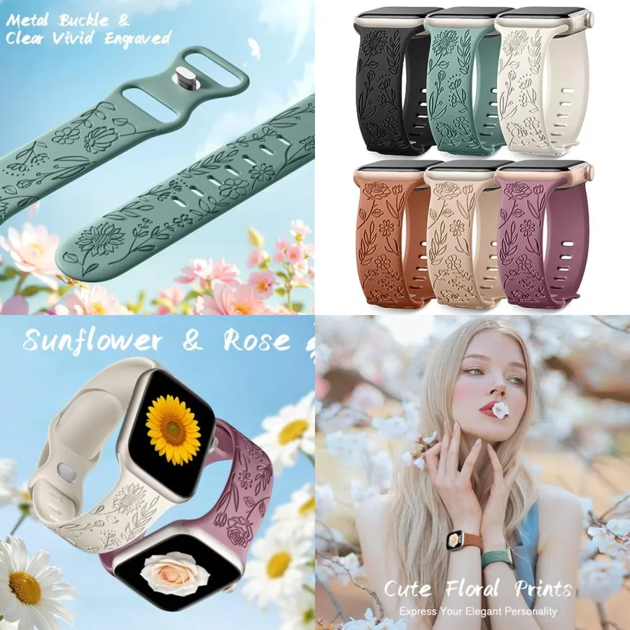 6 Pack Floral Engraved Bands Compatible with Apple Watch Bands 38mm/40mm/41mm/(42mm-Series 11 10) Women Men, Silicone Flower Pattern Strap for iWatch Series 11 10 Se Ultra 9 8 7 6 5 4 3 2 1, Black/Pine Green/Starlight/Brown/Milk Tea/Smoke Violet