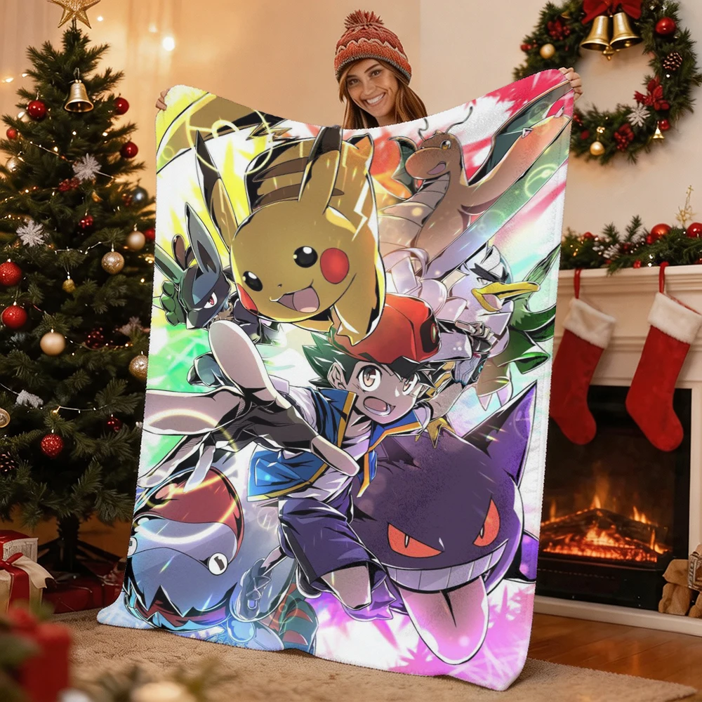 Pokemon Ash Pikachu Gengar Lucario Flannel Throw Blanket Soft Warm Cartoon Blanket for Sofa Bed Home Decor Kids Gift
