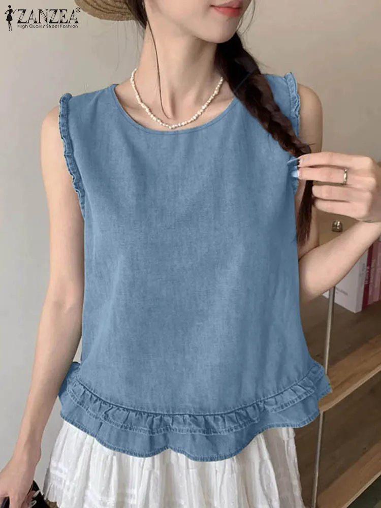 ZANZEA Korean Fashion Tanks Tops Women Summer O Neck Sleeveless Blouse Casual Ruffles Hem Shirt Stylish Holiday Party Blusas