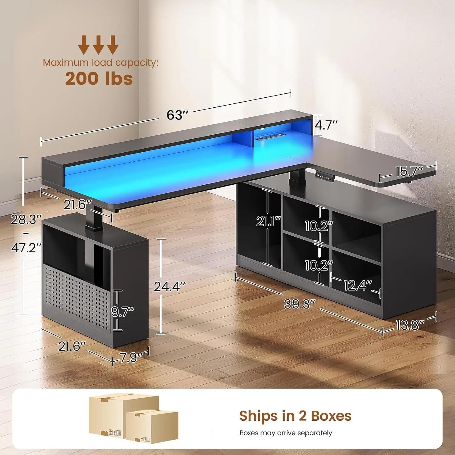 L Shaped Gaming Standing Desk, 63 inch Height Adjustable Office Executive Desk with Storage Shelves and Monitor Stands