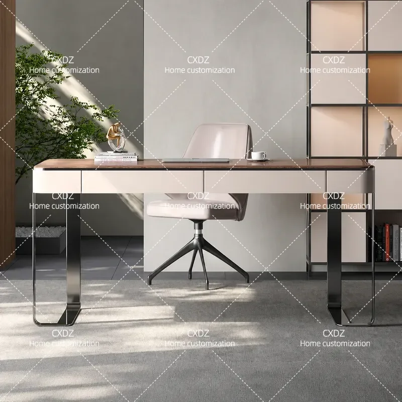 Simple Walnut Pattern Desk Writing Table for Study Villa Home Office Furniture Set with Chairs