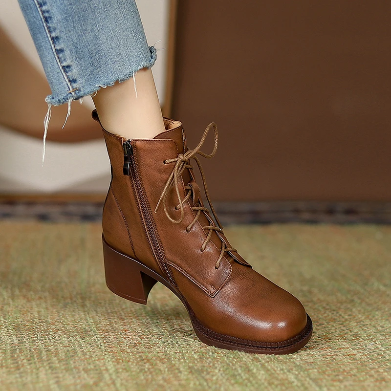 2024 New Women Genuine Leather Lace Ankle Boots Thick High Heels Motorcycle Boots Retro Round Toe Warm Autumn Winter Shoes Woman