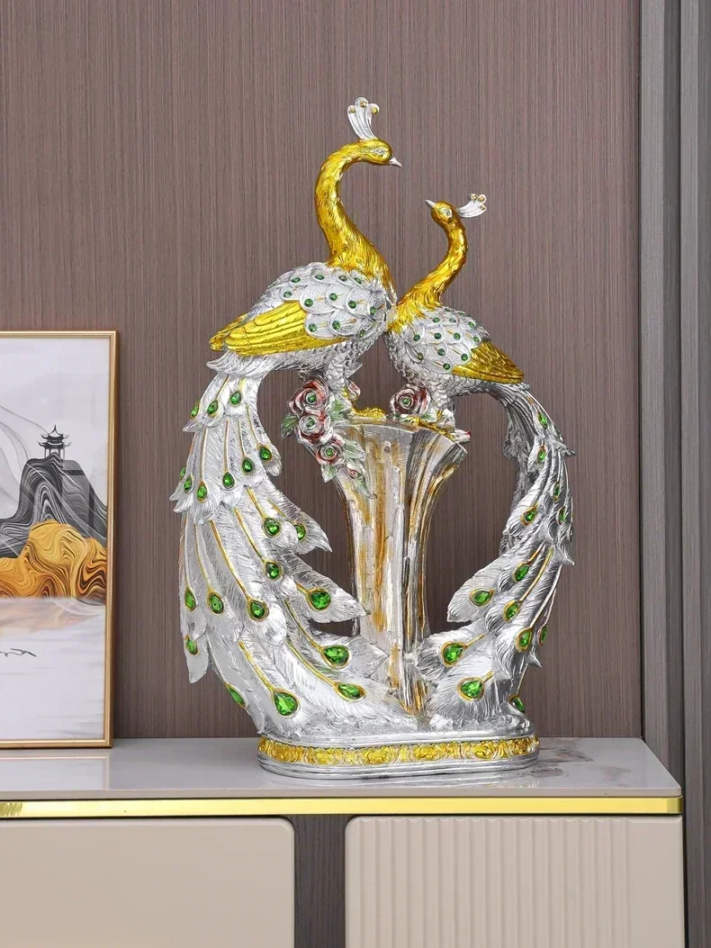 Double Peacock ornaments gold-plated luxury living room TV cabinet