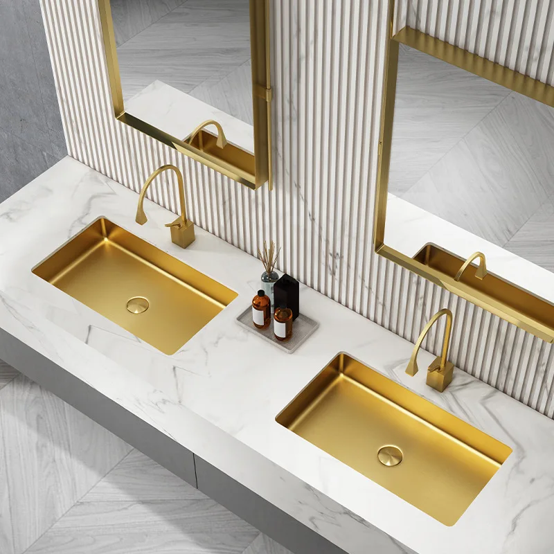 Golden rectangular stainless steel under-counter basin wash basin single basin bathroom embedded washbasin sink