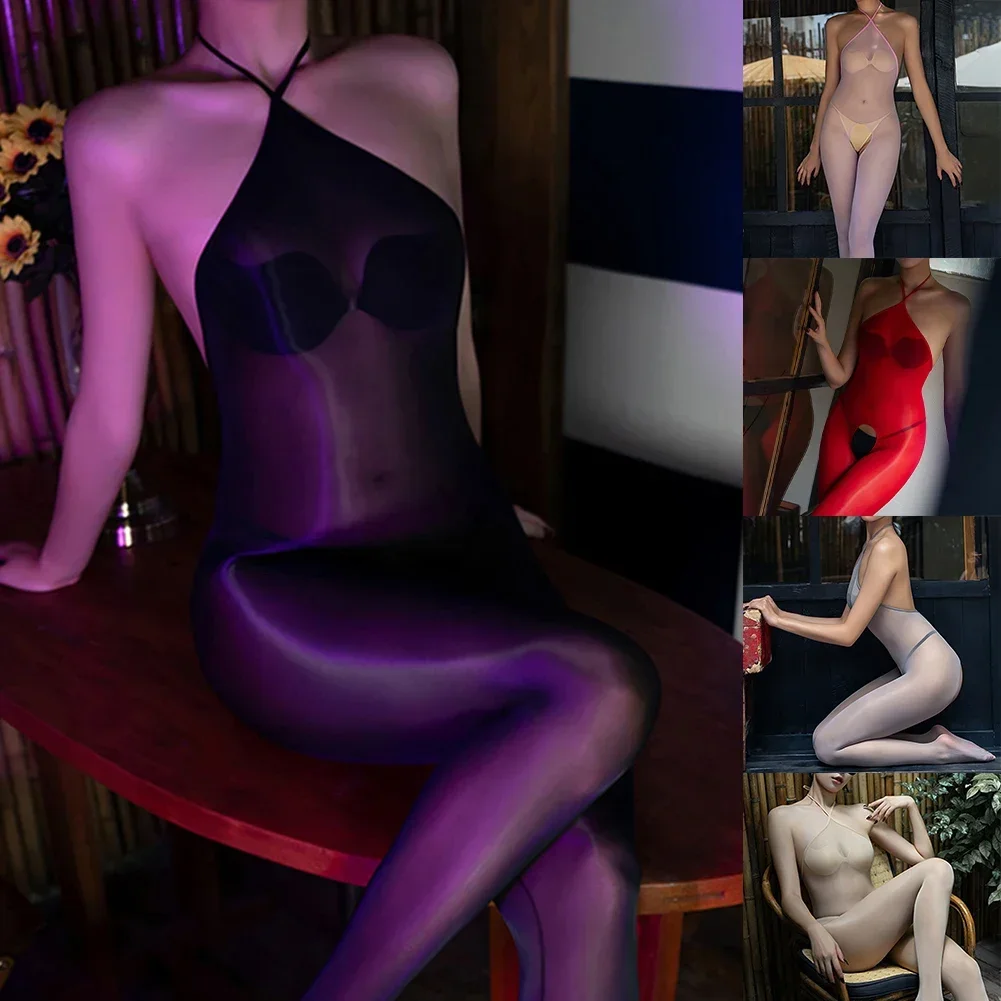 Bas de corps ajourés pour femmes, Lingerie érotique, Utra-fin, huileux, brillant, translucide, col licou, dos nu, combinaison