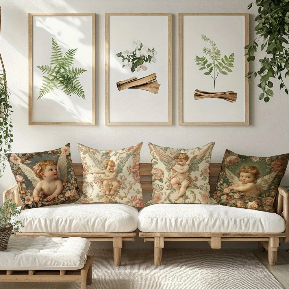Printed Angel Floral Pillow Covers Set of 4 Shabby Chic Nursery Decor Throw Shams Polyester Vintage Baby Room Accent Pillows