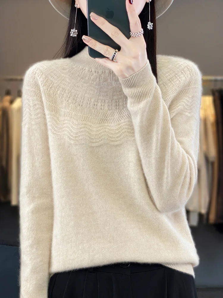 Sweaters For Women 100% Merino Wool Knitwear Pullovers Mock Neck Raglan Sleeve Cashmere Hollow Out Grace Spring Autumn Clothing