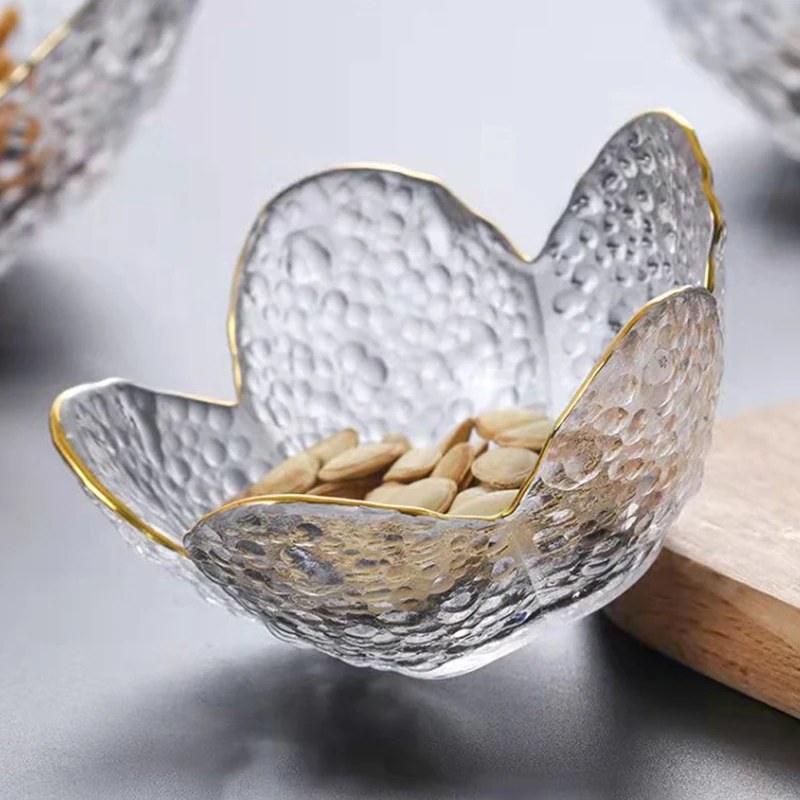 New Small Glass Dish Nodic For Ice Cream Fruit Sala Gold Inlay Sauce Bowl Cherry Blossoms Seasoning Plate Kitchen Supplies