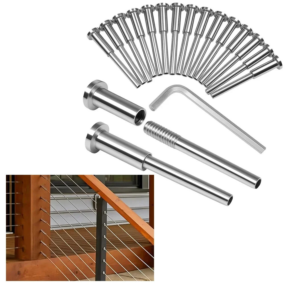 20 Pack T316 Stainless Steel Invisible Cable Railing Kit 1/8 Inch Swage Stud End For Wood Metal Post Staircase Deck Balcony Hard