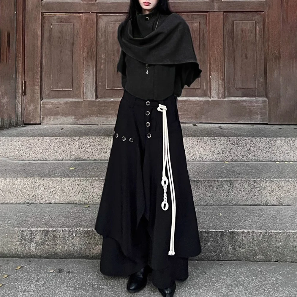 Y2k Layered Buttoned Culottes Dark Gothic Style Hakama Genderless Japanese Streetwear Casual Wild Wide-Leg Samurai Pants Unisex