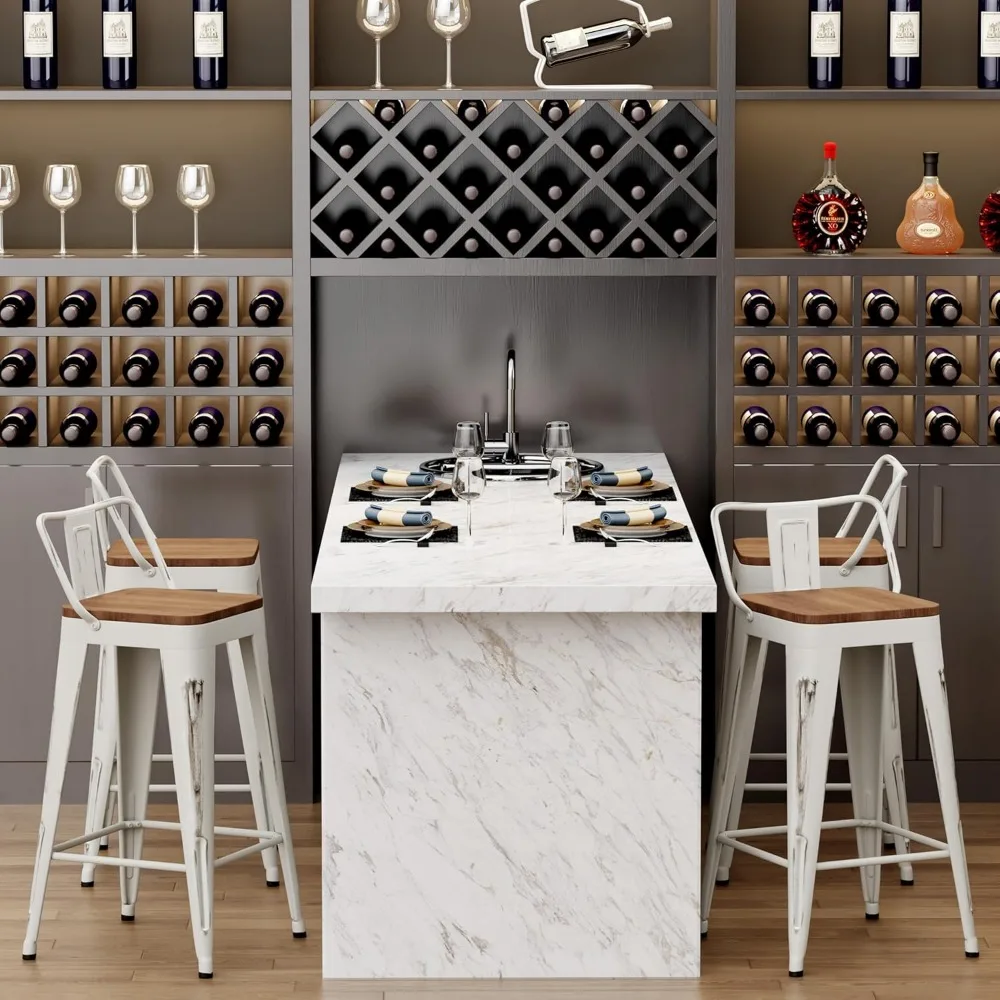 Set di 4 sgabelli da bar in metallo in stile industriale moderno, sedie ad altezza bancone con sedile in legno, mobili da bar da cucina per Contemporar