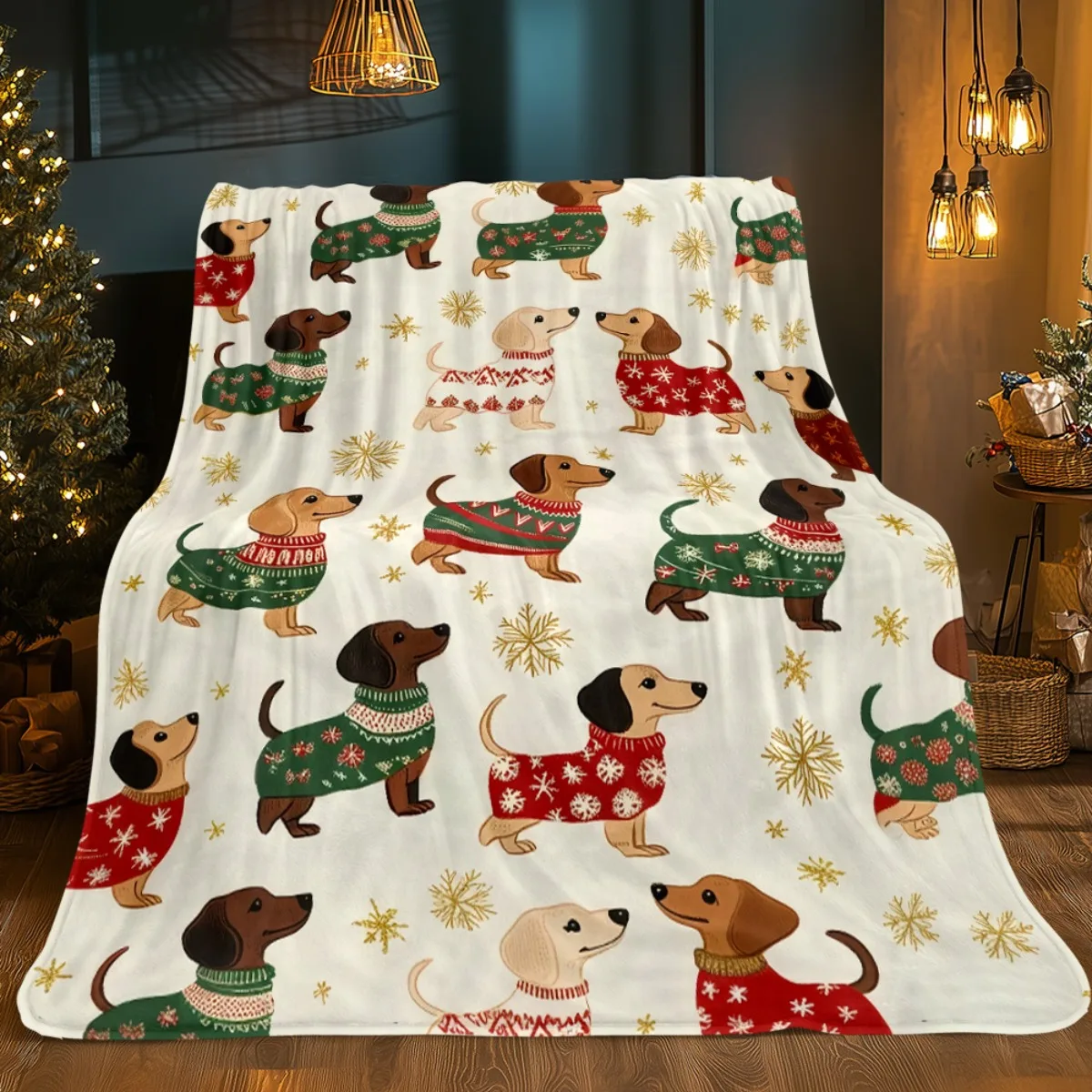 Christmas Dachshund Throw Blanket  Cute Sausage Dogs in Holiday Sweaters Snowflake Pattern Winter Seasonal Home Decor Blanket