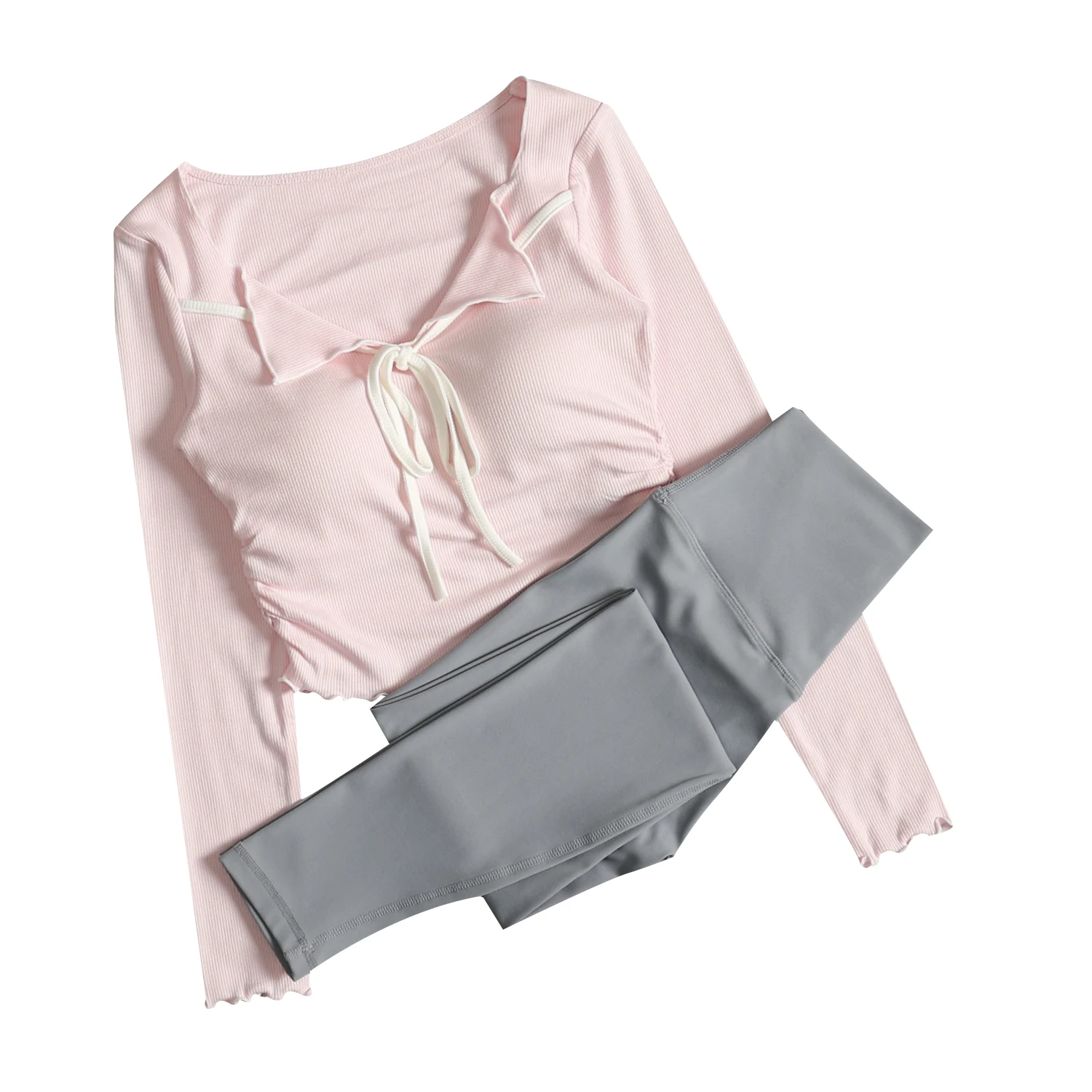 秋の女性用シニアスポーツスーツ、胸パッド付きヨガフィットネス長袖、ハイウエストヒップアップランニングサイクリングパンツ